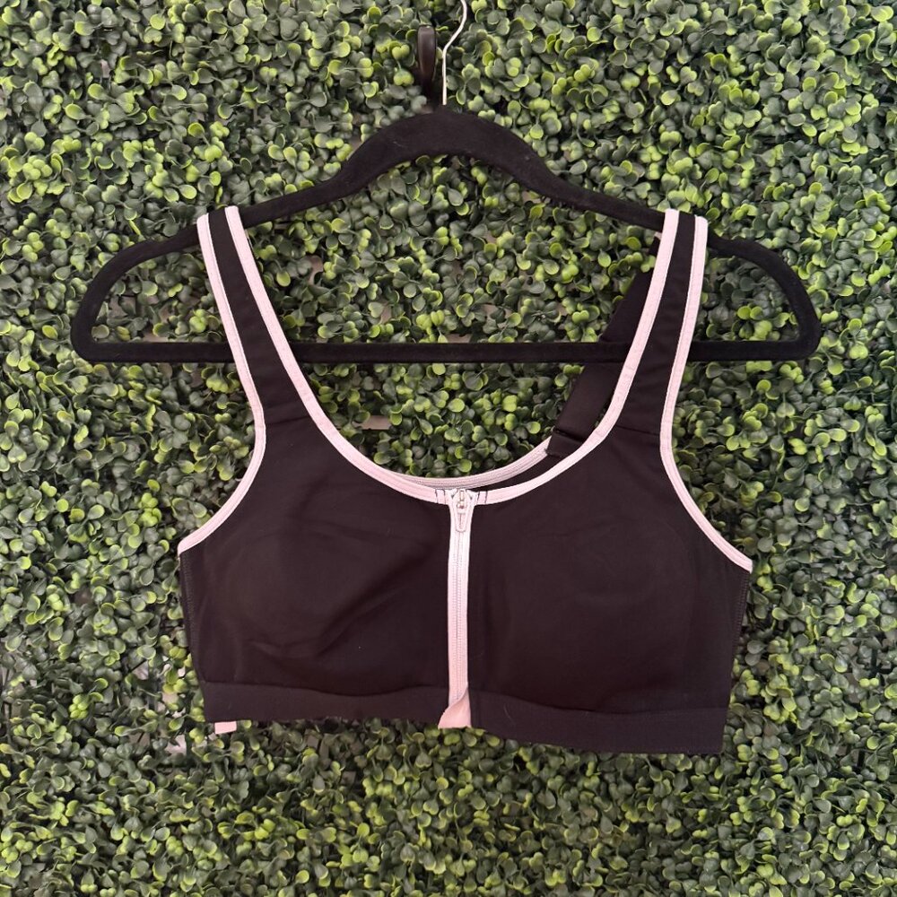 Victoria’s Secret Sports Bra Front Zip Black Pink Trim High Support Bra Size M